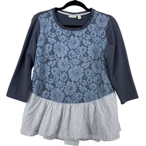 LOGO Lounge Size M Top Blue Mixed Media Floral Lace Striped Ruffle Peplum Womens